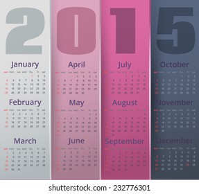 Paper colored 2015 year calendar. Vector editable illustration.
