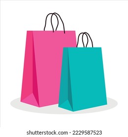 Bolsa de color papel con mangos, ilustración plana vectorial con bolsas sobre fondo blanco para web