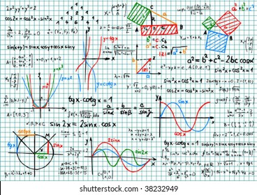 Paper with colored mathematics sketches and formula - vector illustration