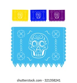 paper colored sticker in traditional Mexican style and patterns for backgrounds skulls, celebrations, day of the dead, halloween, fiesta.