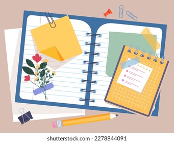 Paper composition concept. Notebook with flower and pencil. Notepad and personal diary. Planning and goal setting, to do list.