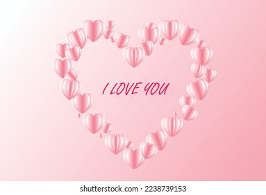 Paper composition in the shape of flying hearts on pink background, vector symbol of love for Happy Women's Day, Mother's Day, Valentine's Day, Birthday greeting card design.