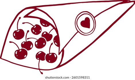 Paper cone with cherry. Coquette illustration.