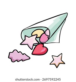 Cono de papel lleno de dulces surtidos en Formas divertidas como estrellas, corazones y árbol de Navidad