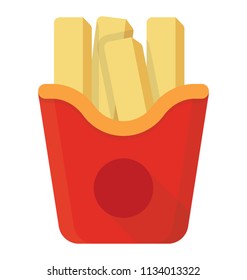 A paper container filled with fried potato sticks, icon for fast food french fries