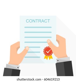 The paper contract in the hands in flat design. Vector illustration. Concept of a successful transaction