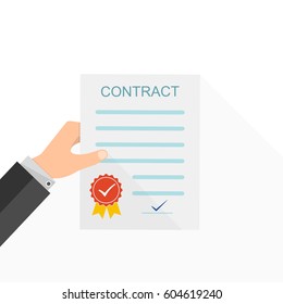 The paper contract in the hands in flat design. Vector illustration. Concept of a successful transaction