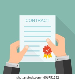 The paper contract in the hands in flat design. Vector illustration. Concept of a successful transaction