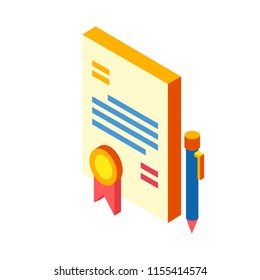 Paper contract with pen vector illustration in isometric design