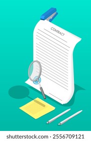 Paper contract studied by lawyer with magnifying glass, document with additional agreement in small print. Careful study of contract before signing. 3D vector Isometric concept