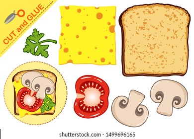 Paper cooking game. Cut and glue details toast, bread, fish, sausage, meat, lettuce, slice of lemon, cucumber, tomato, egg, parsley, cheese. Development activities for schoolchildren and preschoolers.