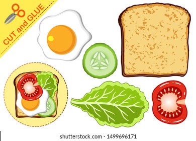 Paper cooking game. Cut and glue details toast, bread, fish, sausage, meat, lettuce, slice of lemon, cucumber, tomato, egg, parsley, cheese. Development activities for schoolchildren and preschoolers.