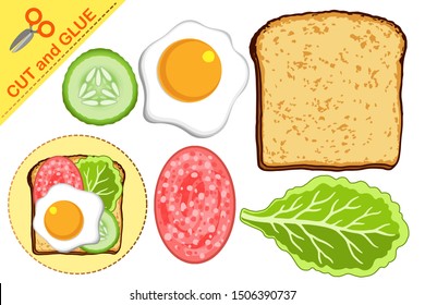 Paper cooking game. Cut and glue details toast, bread, fish, sausage, meat, lettuce, slice of lemon, cucumber, tomato, egg, parsley, cheese. Development activities for schoolchildren and preschoolers.