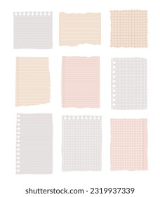 Paper from copybooks with torn edges collection. Squared and lined notepad elements, ragged piece of sheet. Stationery background with copy space for letter, note, document. Vector illustration.