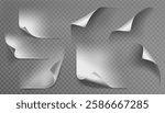 Paper corner fold collection on transparent background - curled edges in various angles, curved page turns with shadow effects and realistic creases. Peeled parchment elements for document design.