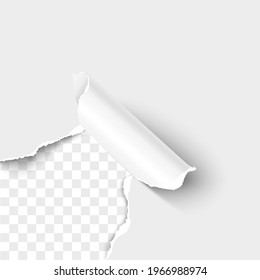 Paper corner torn hole lower left corner of white paper sheet with paper curl isolated on transparent background realistic vector illustration