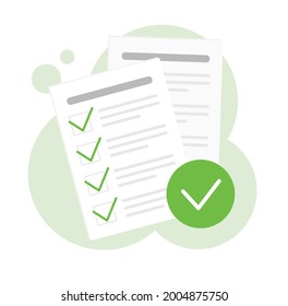 Paper with correct answers. Test list. Plan or checklist. Correct tasks with a green tick. Isolated vector illustration. 