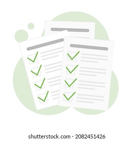 Paper with correct answers. Test list. Plan or checklist. Correct tasks with a green tick. Isolated vector illustration. 