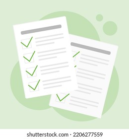 Paper with correct answers. Test list. Plan or checklist. Correct tasks with a green tick. Isolated vector illustration. 