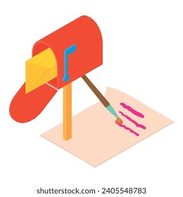 Icono de correspondencia de papel vector isométrico. Buzón rojo abierto y carta de papel. Correspondencia, servicio postal