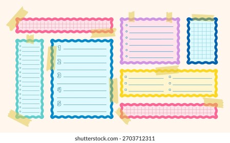 Paper corrugated diary frame memo pages templates set. Cute scallop notebook to do list sheets blank planner notes stickers collection. Sticky tape reminder stationery organizers backgrounds. Isolated