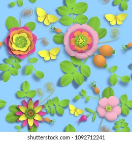 Paper craft 3D wild rose flowers, rosehip berries and butterfly seamless pattern. Vector illustration stock image