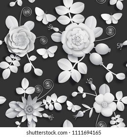 Paper craft 3D wild rose flowers, rosehip berries and butterfly seamless pattern. Vector illustration stock image