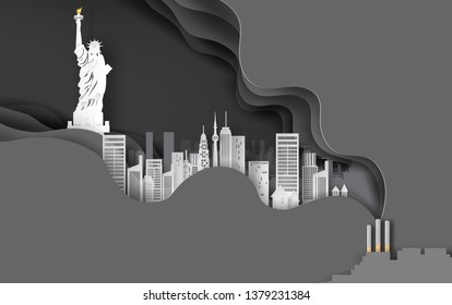 paper craft and art of cigarette with cityscape concept.Abstract curve wave layer black background,architecture in new york usa. Creative design smoking idea color simple.paper cut.illustration.vector