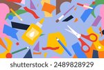 Paper craft background. Cutting and gluing materials on solid background - scissors, colored paper, vibrant pencils, glue. DIY project, hand crafts, creative workspace. Simple, minimalist vector illus