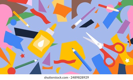 Paper craft background. Cutting and gluing materials on solid background - scissors, colored paper, vibrant pencils, glue. DIY project, hand crafts, creative workspace. Simple, minimalist vector illus