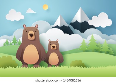 Paper craft of bears and forest, vector art and illustration.