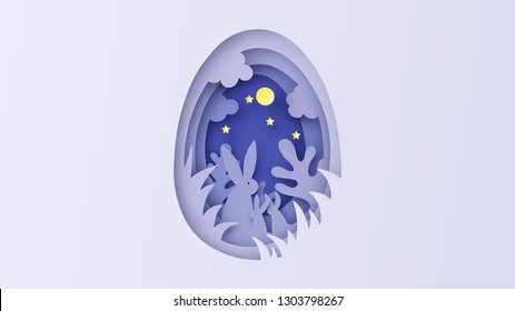 Paper craft carving into egg-shape layers with rabbit family Mother and baby live in the forest at Easter night. Creative design for Easter festival. paper cut and craft. vector, illustration.