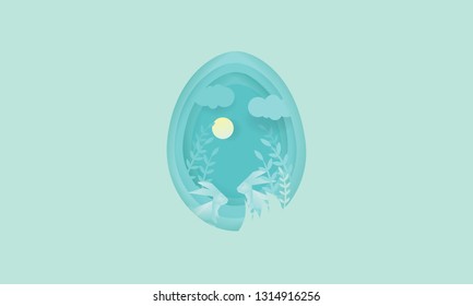 Paper craft carving into egg-shape layers with rabbit family live in the forest at Easter day. Creative design for Easter festival. paper cut and craft. vector, illustration
