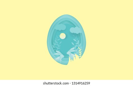 Paper craft carving into egg-shape layers with rabbit family live in the forest at Easter day. Creative design for Easter festival. paper cut and craft. vector, illustration