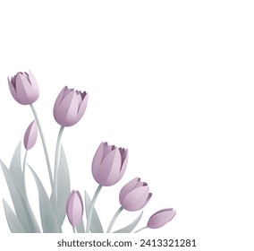 Diseño de flores de tulipán florales de estilo origami de papel o de corte de papel. Con los elementos de diseño de la esquina de fondo de los tulipanes lilac. Perfecto para el Día de San Valentín o el Día de la Madre.