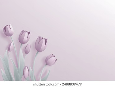 Paper craft or paper cut origami style floral tulip flowers design. With lilac tulips background corner frame design elements. Perfect for Valentines Day or Mothers Day.