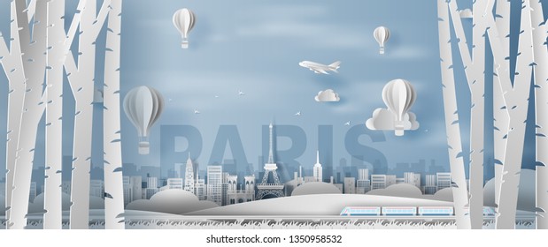 Paper craft and cut of Panorama forest view for Traveling holiday vacation landmarks Eiffel tower Paris city France,Creative design Travel holiday with trip idea concept,paper art.illustration.vector.