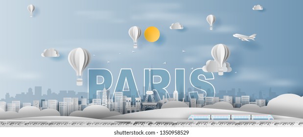 Paper craft and cut of Traveling holiday Eiffel tower Paris city France,Travel holiday time transportation train landmarks landscape concept,Creative paper art white balloon.illustration.vector.