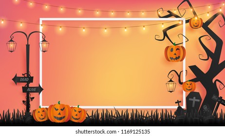 paper craft of Halloween background represents sunset with semi silhouette of cemetery place and included fairy lights, white border and empty area in the middle 