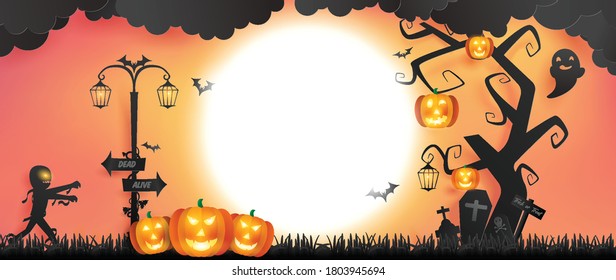 paper craft of Halloween background represents moon with semi silhouette of cemetery place and included a little spooky and mummy