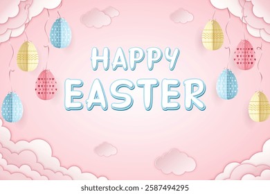 Paper craft Happy Easter card, origami Easter eggs tied with ribbons to the clouds on soft pink background with cut out clouds