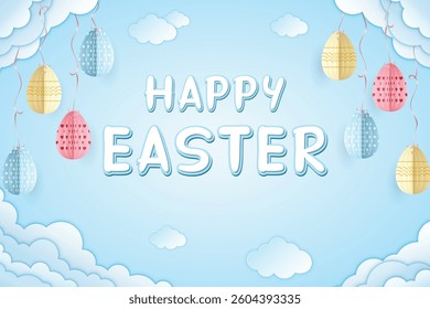 Paper craft Happy Easter card, origami Easter eggs tied with ribbons to the clouds on soft blue background with cut out clouds