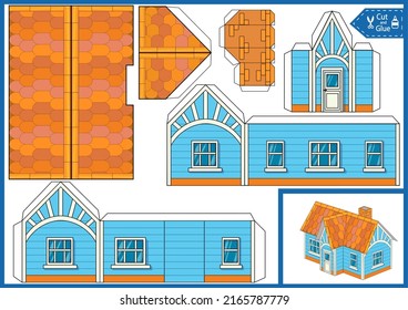 Paper craft of house. Printable template 3d model toys building. Kids gaming activity art page. Children diy worksheet.