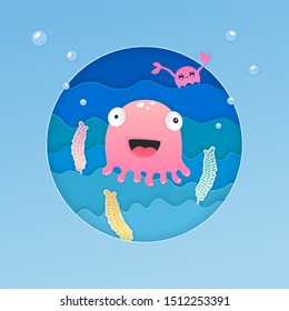 paper craft jellyfish sea, great design for any purposes. Marine background vector. Ocean background. Abstract nature background. Wildlife art illustration. Colorful nature background.