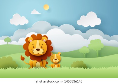 Paper craft of lion and africa forest, vector art and illustration.