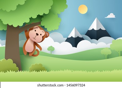 Paper craft of Monkey and forest, vector art and illustration.