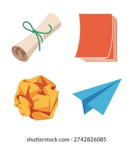 Paper craft and office supplies vector set with scroll, folded paper airplane, crumpled sheet, colored stack, school project design