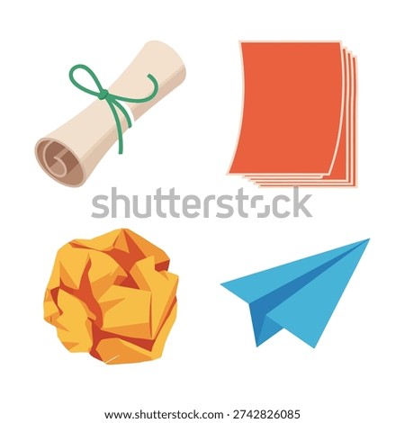 Paper craft and office supplies vector set with scroll, folded paper airplane, crumpled sheet, colored stack, school project design