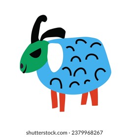 paper craft of sheep, drawing of farm animal with horns and wool. Isolated handcrafted artwork, mammal with ears, face and legs. Emoji or emoticon, sticker or personage. Vector in flat style 