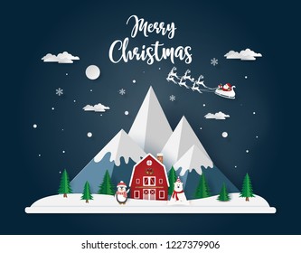 Paper, Craft style of Christmas day with Penguin and Bear , Merry Christmas and Happy New Year